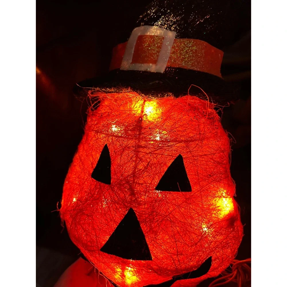 Halloween Lighted Spun String Pumpkin Jack-O-Lantern with Witch Hat Decoration